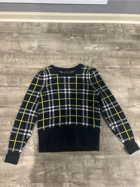 Banana Republic Navy Plaid Crewneck Sweater with Yellow Grid